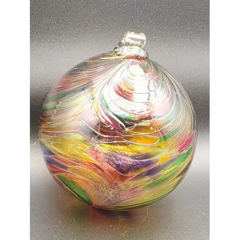 Vintage Kugel Style Hand Blown Glass Ornament Multi-color Swirl Bauble‎